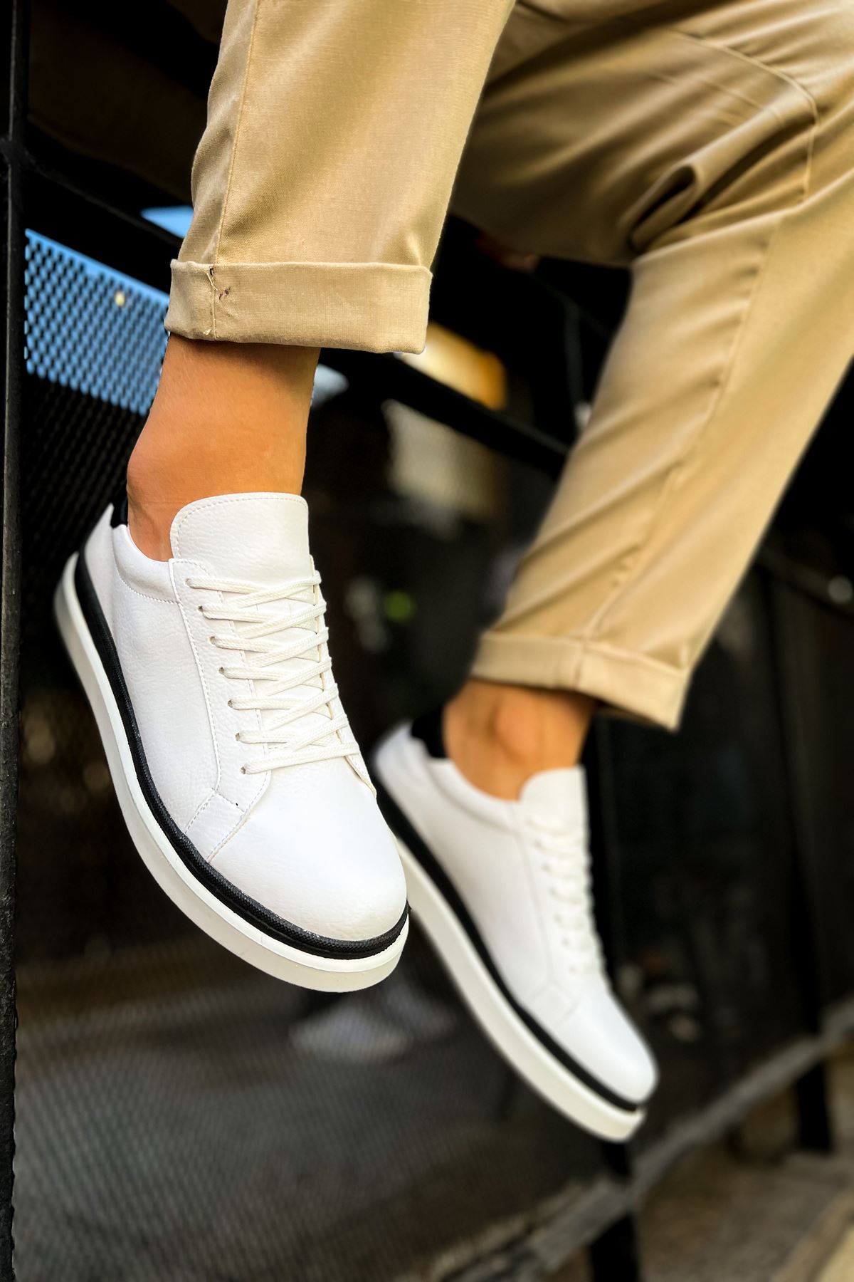 CH979 - Santoni GBT Spor Erkek Ayakkabı BEYAZ/SIYAH